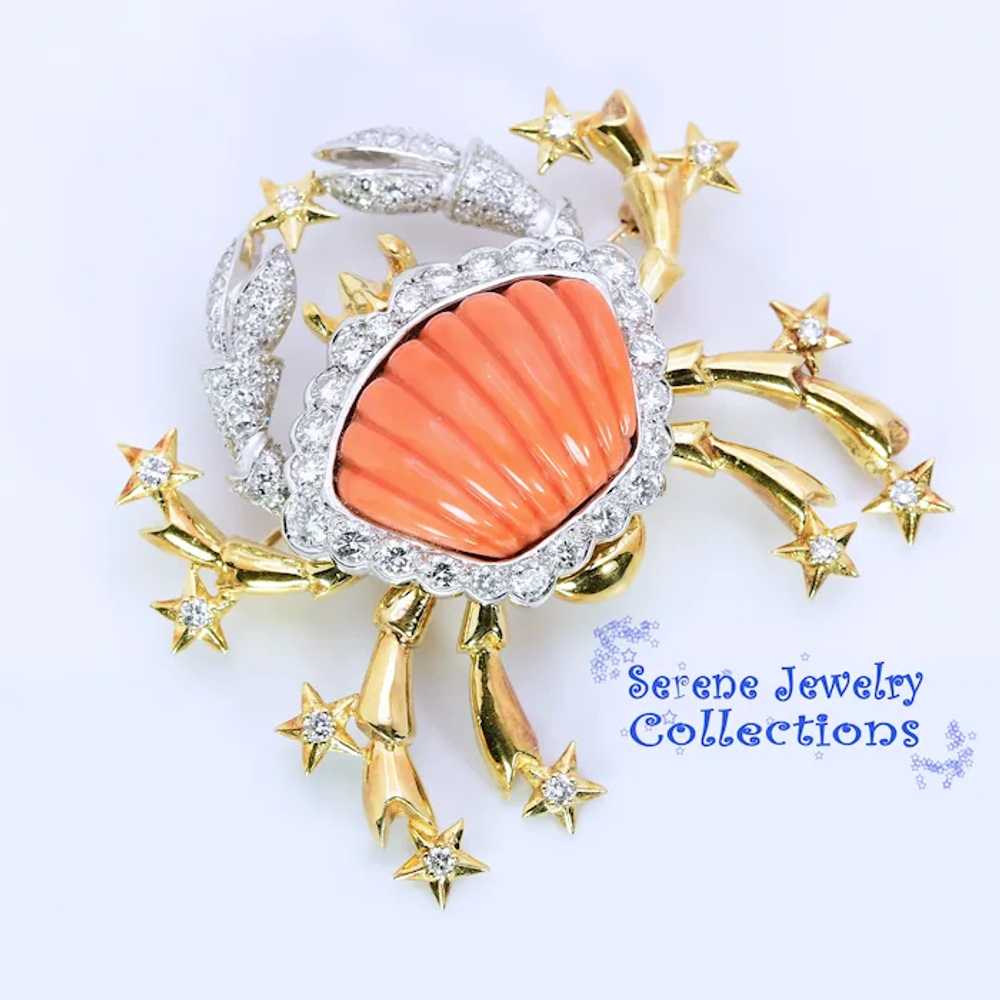 Large Carved Coral Diamond Crab 18k Yellow White … - image 9