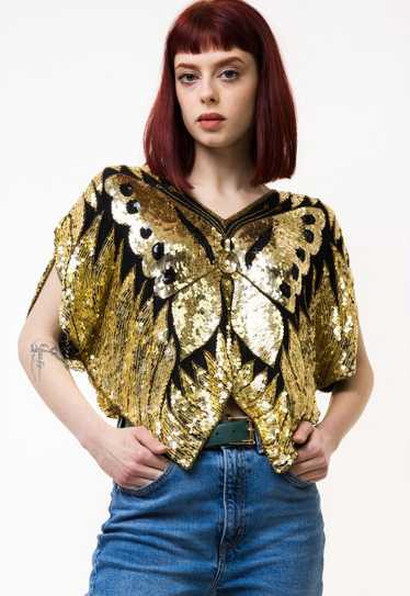 Black and gold sequins top/ Butterfly poncho top … - image 1