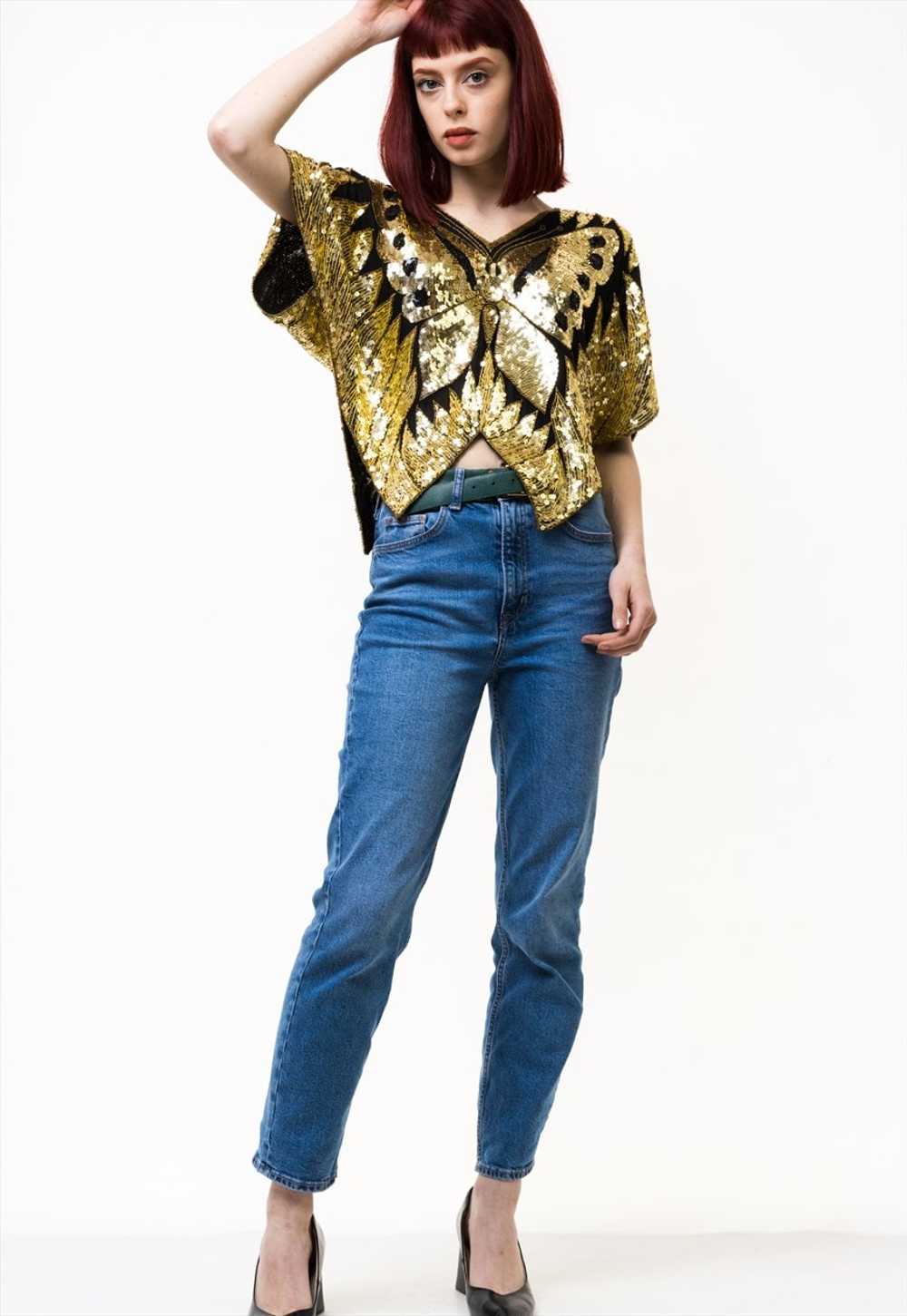 Black and gold sequins top/ Butterfly poncho top … - image 3