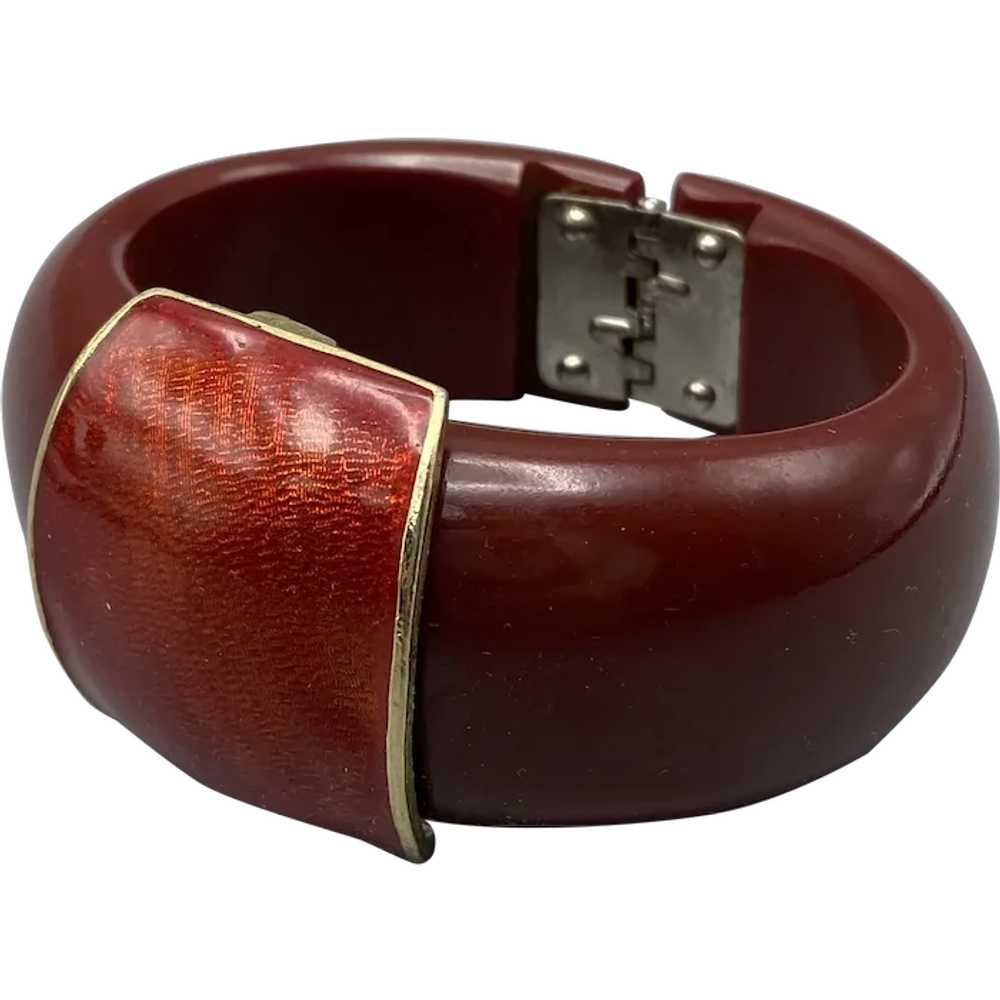 Wide Deep Red Bakelite Hinged Clamper Bracelet wi… - image 1