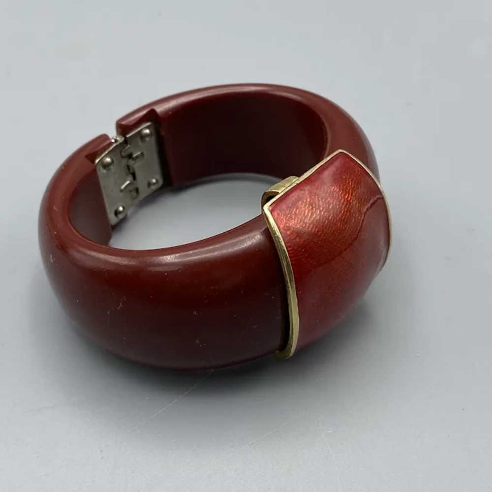 Wide Deep Red Bakelite Hinged Clamper Bracelet wi… - image 2