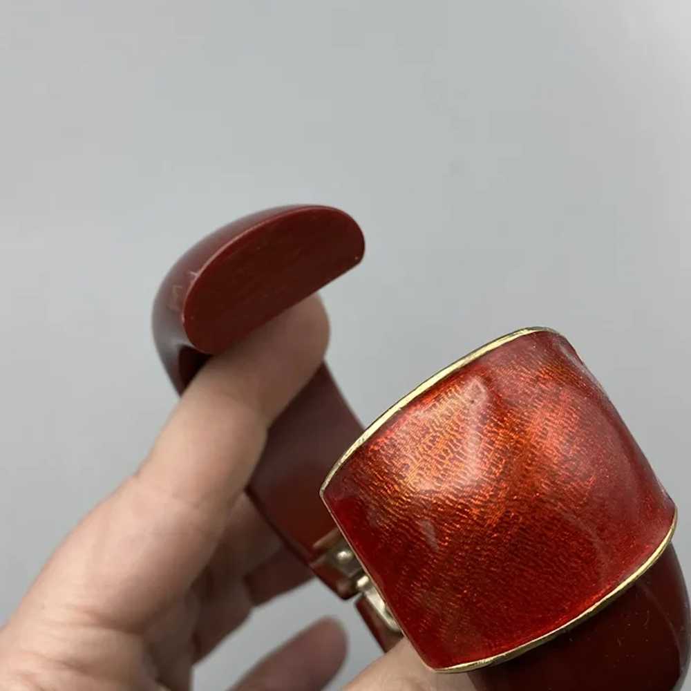 Wide Deep Red Bakelite Hinged Clamper Bracelet wi… - image 5