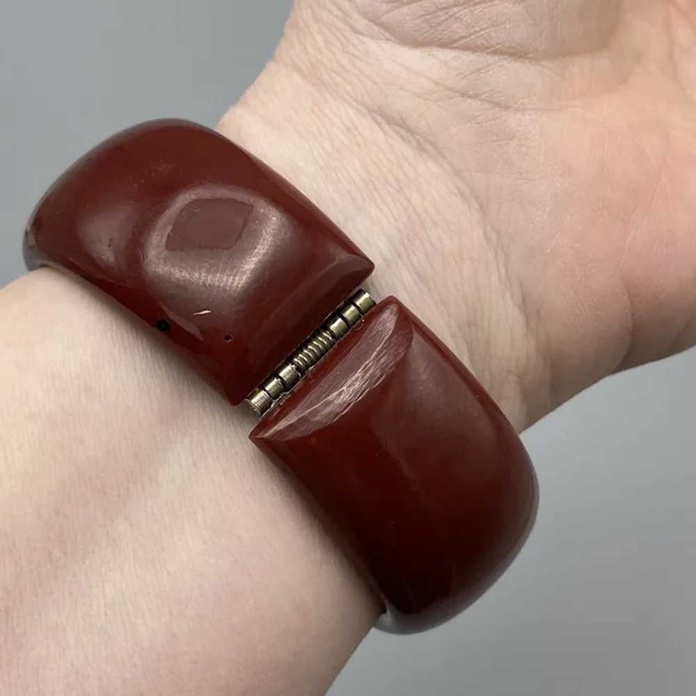 Wide Deep Red Bakelite Hinged Clamper Bracelet wi… - image 8