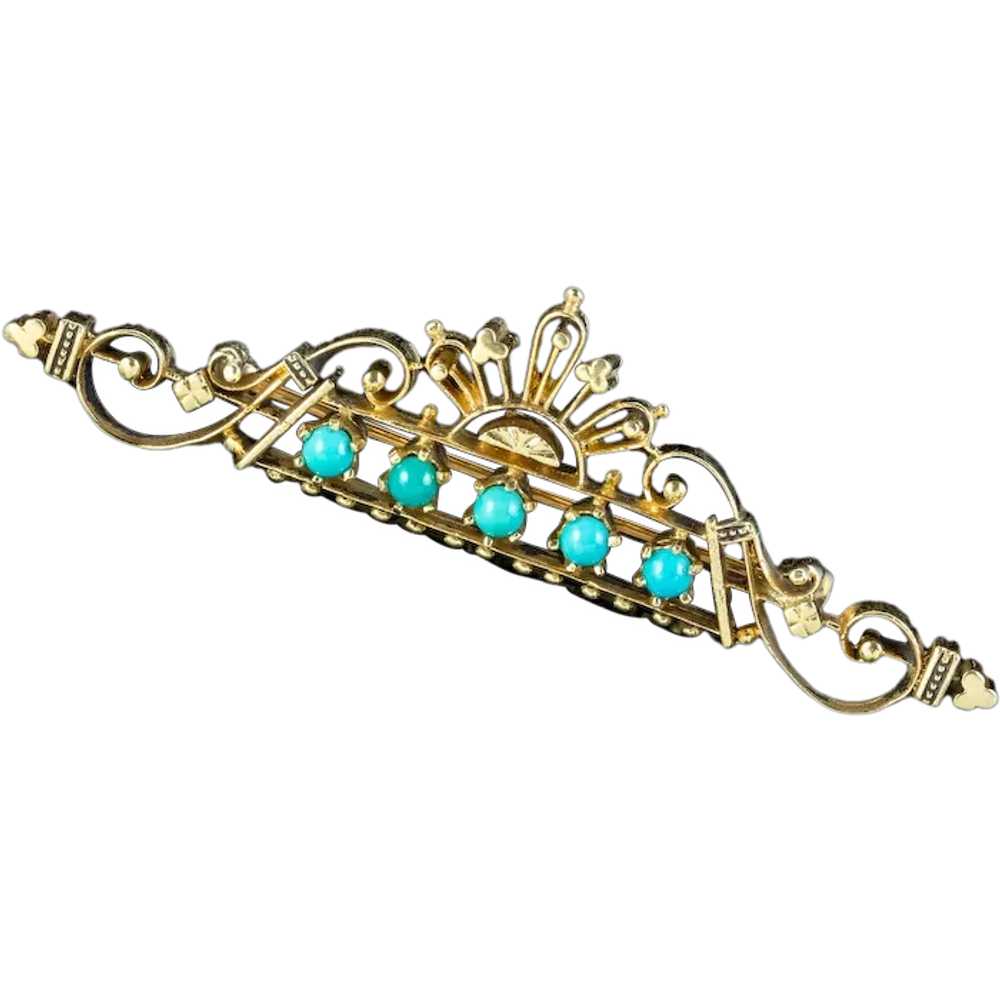 Vintage Turquoise Brooch 14ct Gold - image 1