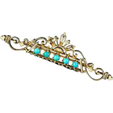 Vintage Turquoise Brooch 14ct Gold - image 1