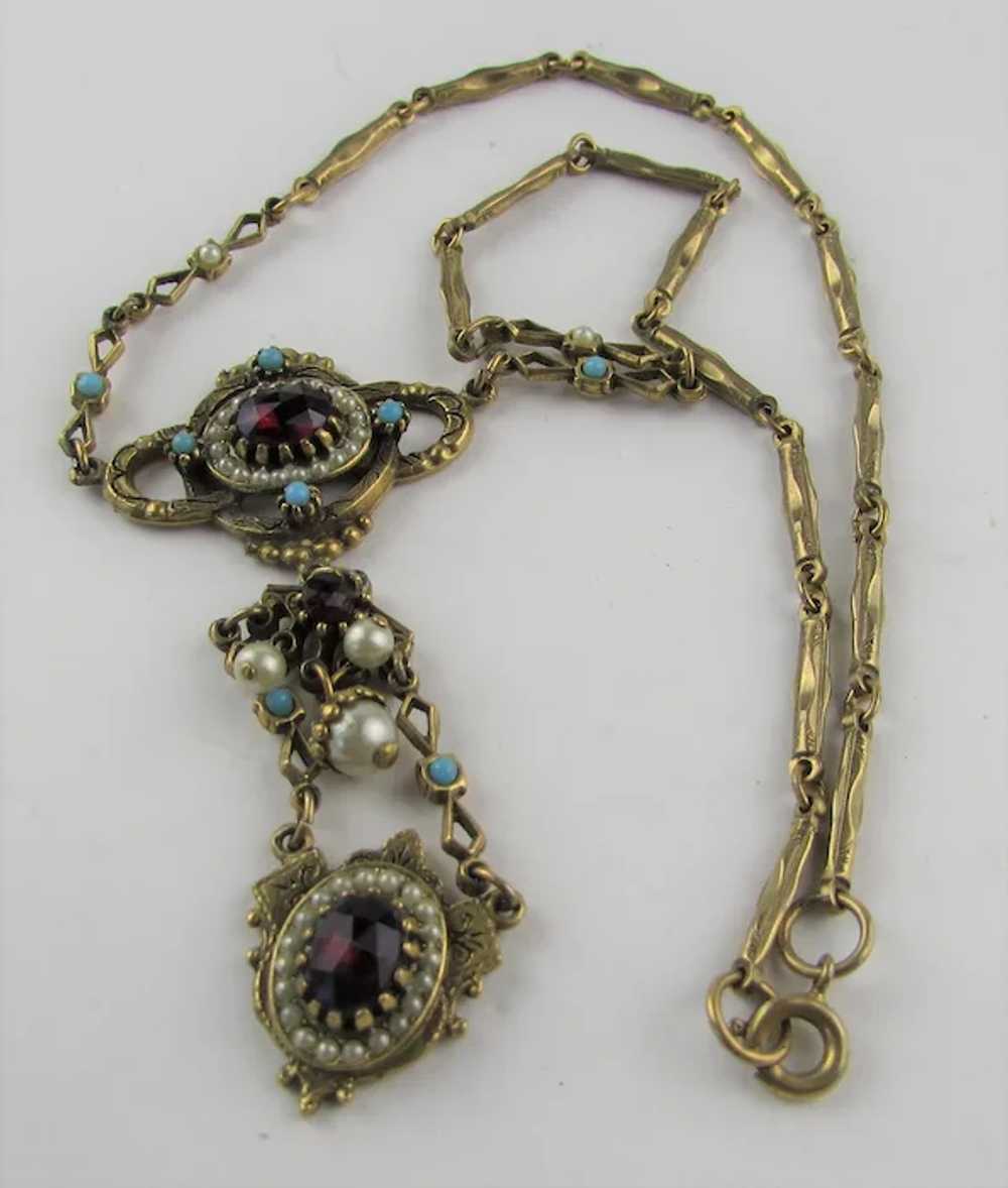 Victorian Revival Gold Tone Necklace With Faux Ga… - image 11