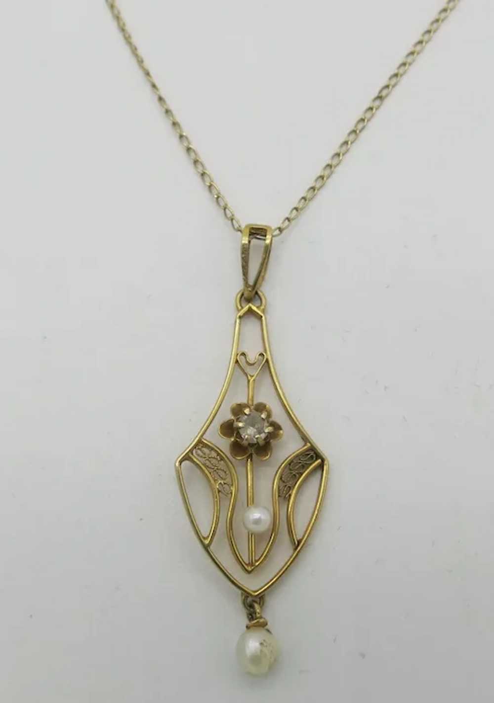 Antique 14K Gold Diamond Buttercup Pearl Lavalier… - image 8