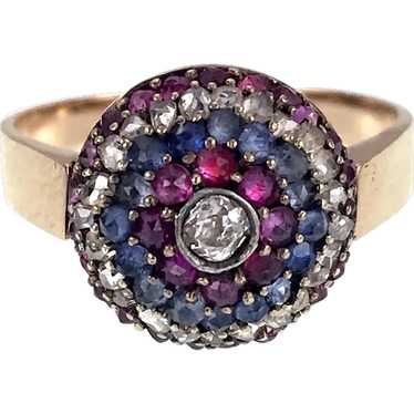 Antique French 18K, Diamond, Ruby & Sapphire Dome 