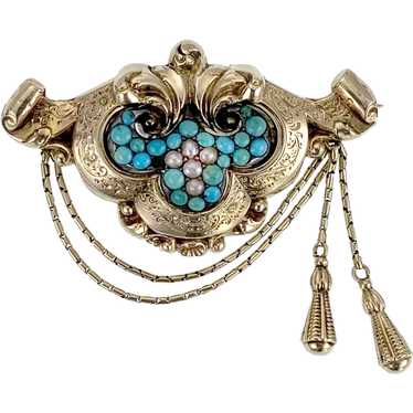 Antique 14K, Turquoise & Seed Pearl Brooch - image 1