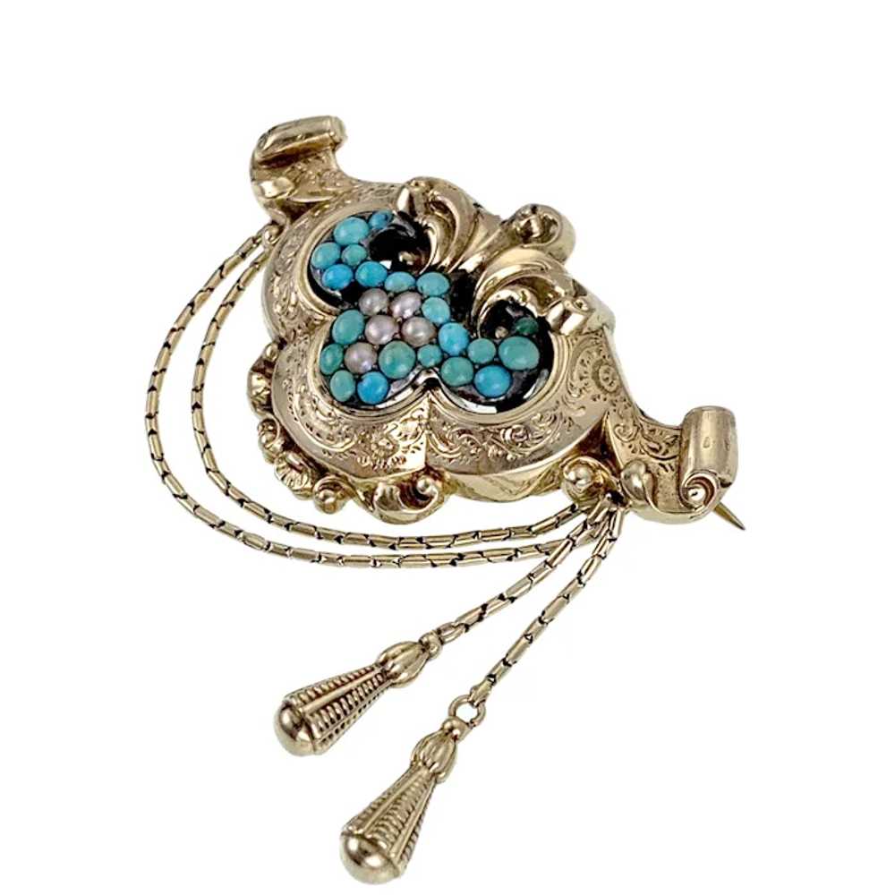 Antique 14K, Turquoise & Seed Pearl Brooch - image 2
