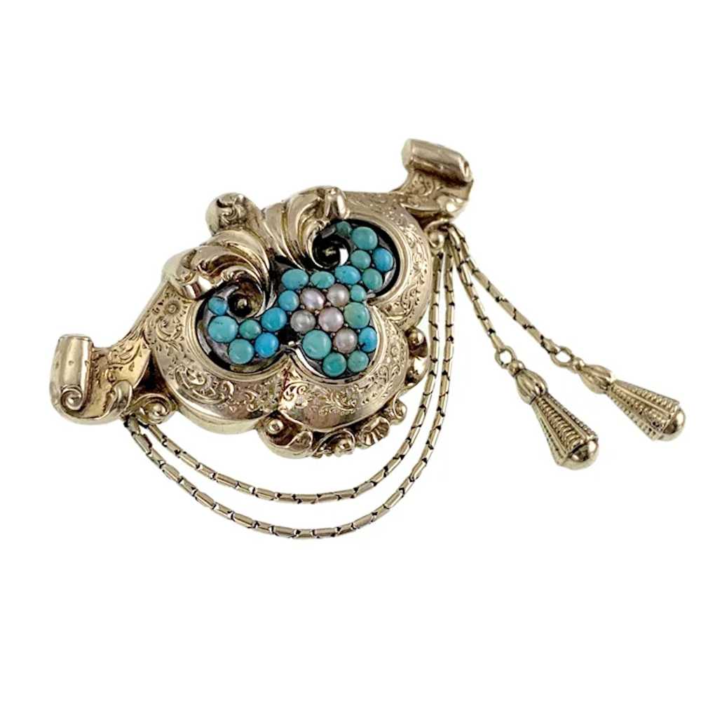 Antique 14K, Turquoise & Seed Pearl Brooch - image 3