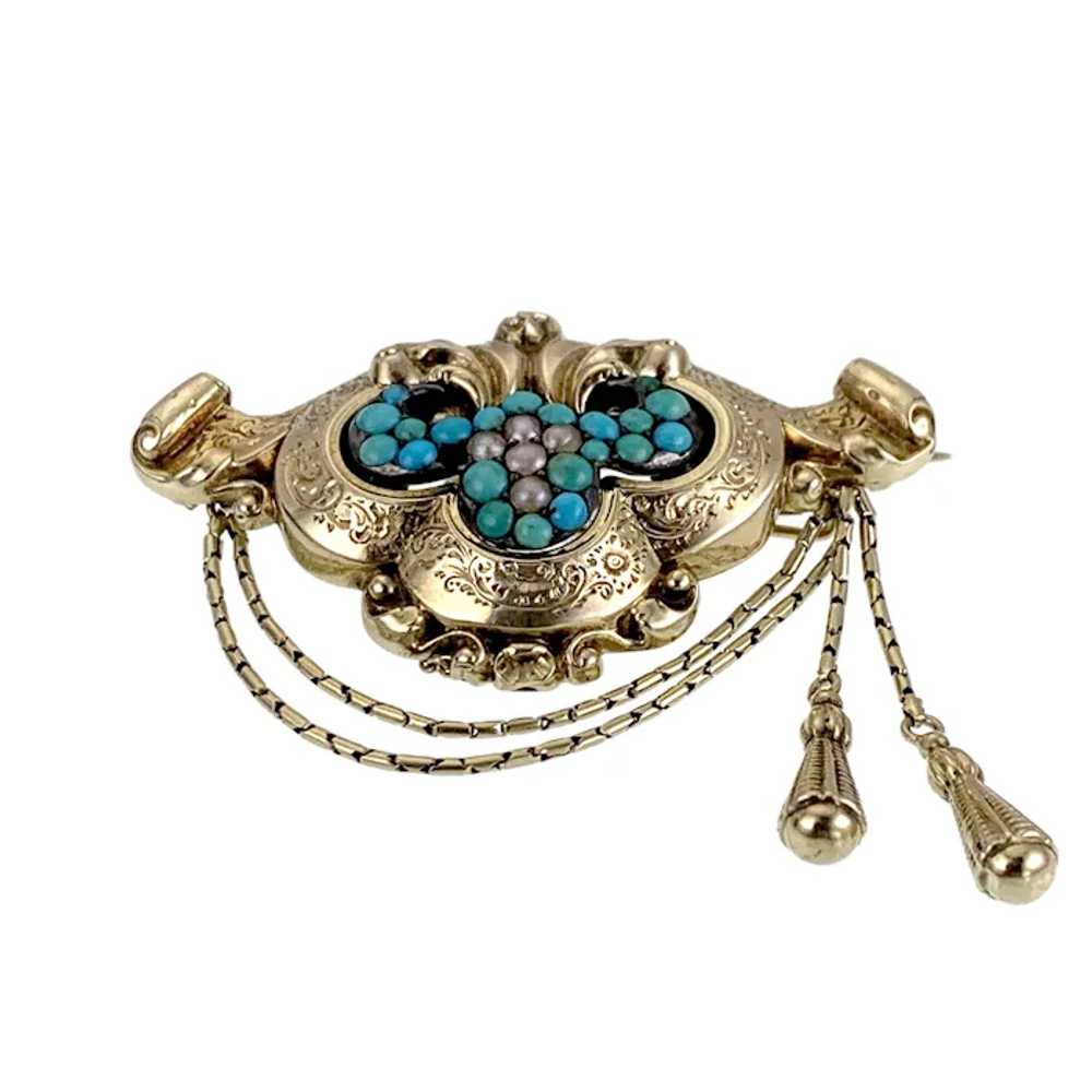 Antique 14K, Turquoise & Seed Pearl Brooch - image 4