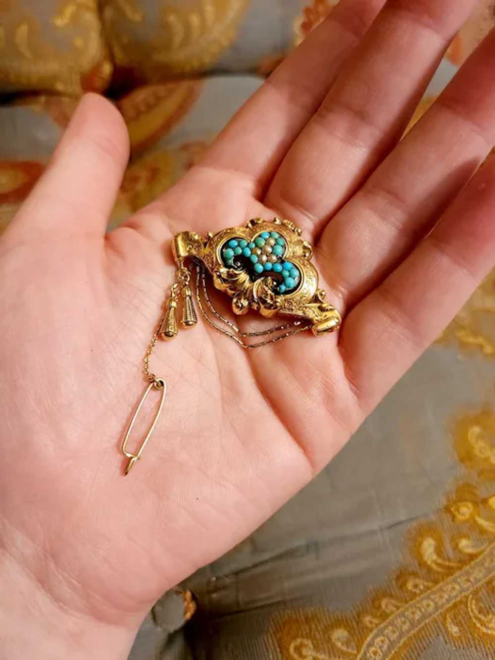 Antique 14K, Turquoise & Seed Pearl Brooch - image 7