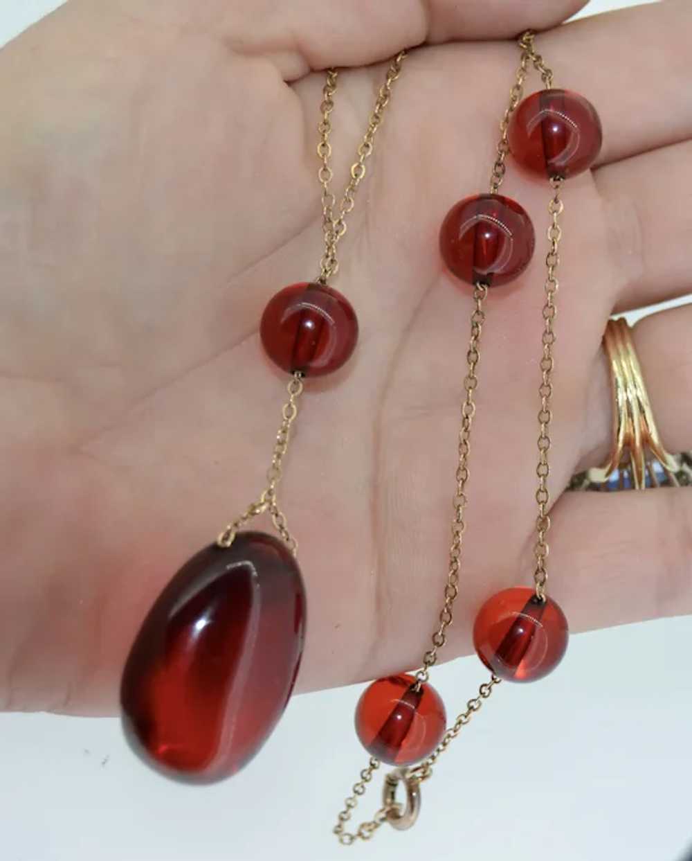 Art Deco Cherry Amber Bakelite & 10K Gold Necklace - image 7