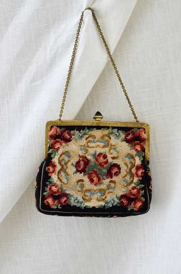 Antique/Vintage Petit Point Floral Tapestry Clutch Purse Made in Austria