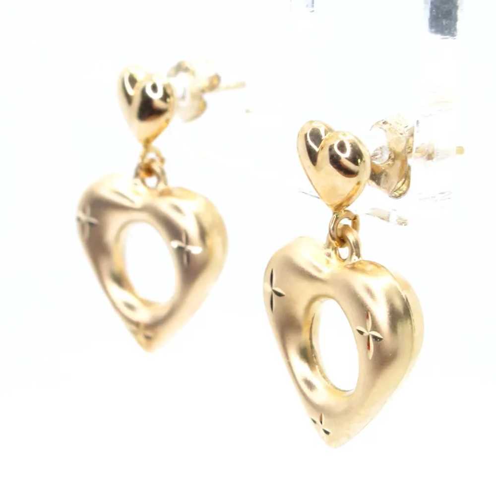 14k Yellow Gold Open Heart Drop Earrings - image 2