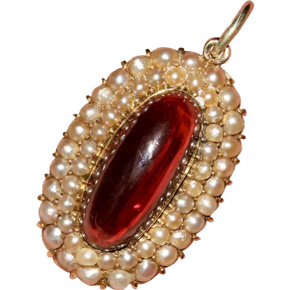 Antique Victorian Garnet Natural Seed Pearl Penda… - image 1