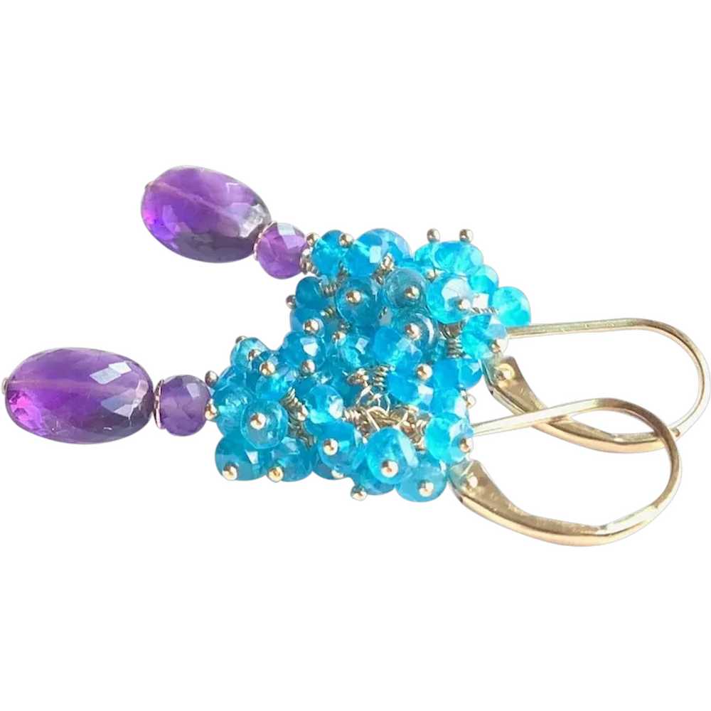 Neon Blue Apatite and Amethyst Gemstone Earrings … - image 1