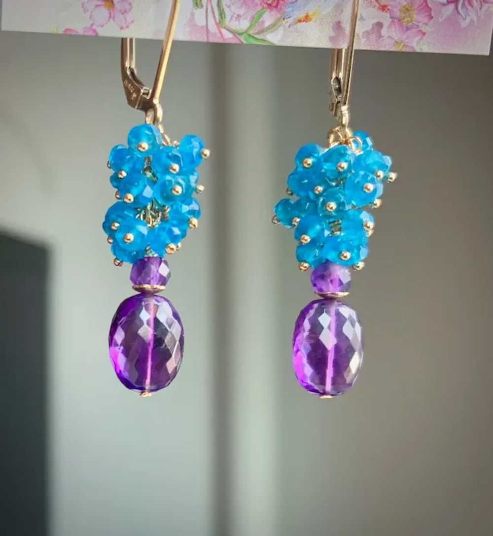 Neon Blue Apatite and Amethyst Gemstone Earrings … - image 2