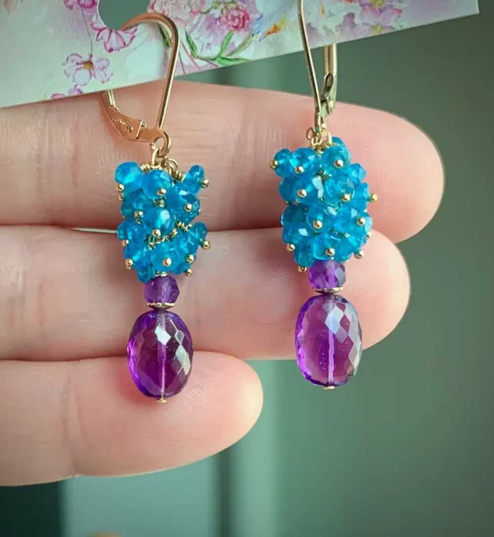Neon Blue Apatite and Amethyst Gemstone Earrings … - image 3