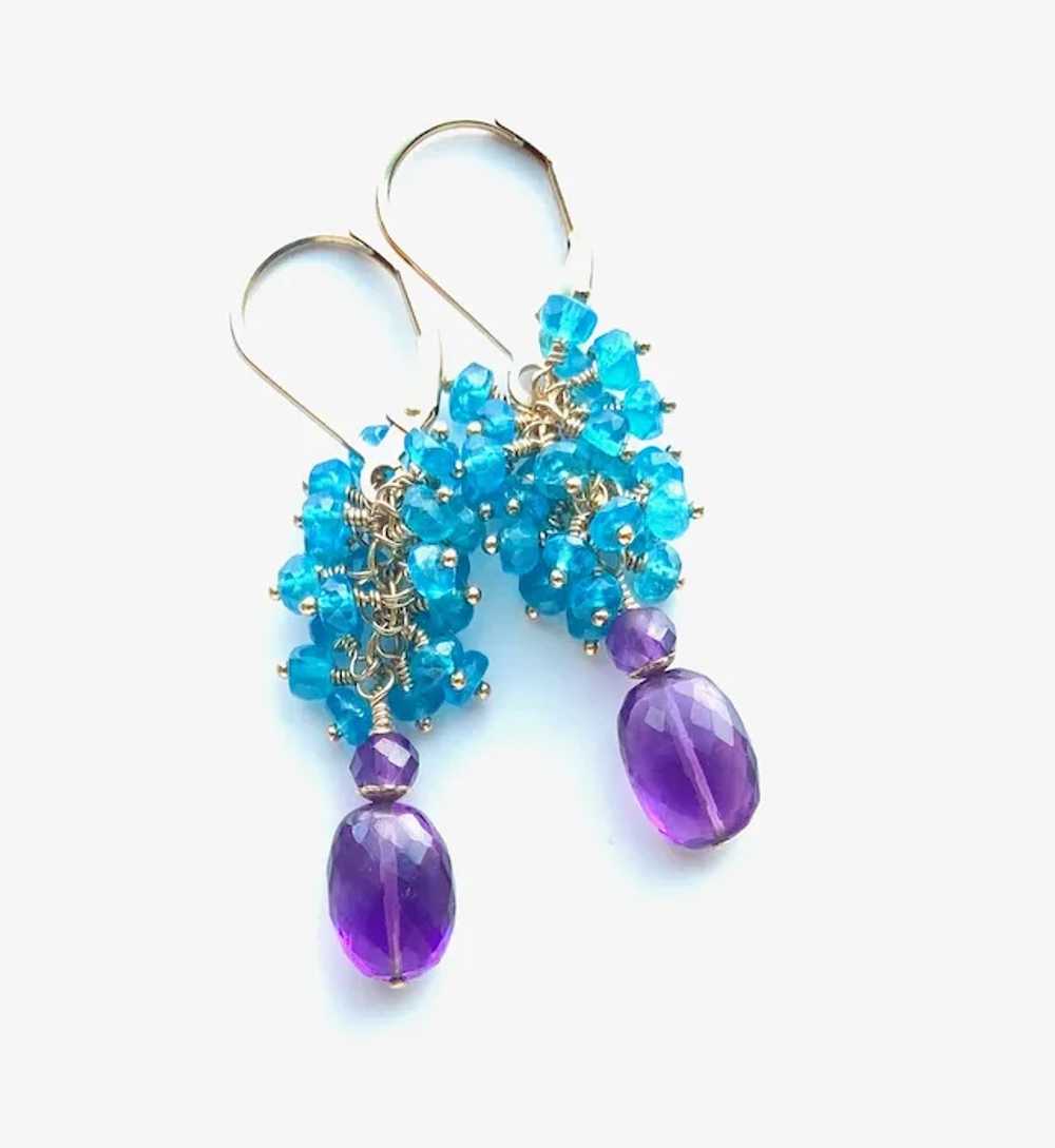 Neon Blue Apatite and Amethyst Gemstone Earrings … - image 4
