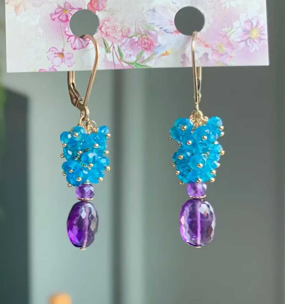 Neon Blue Apatite and Amethyst Gemstone Earrings … - image 5
