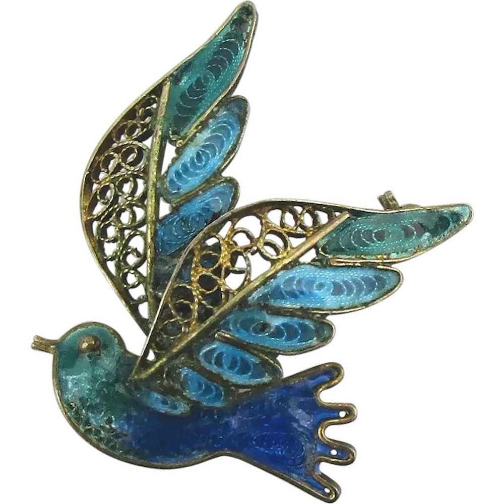 800 Silver Filigree 1920s Enamel Bird Pin Brooch … - image 1