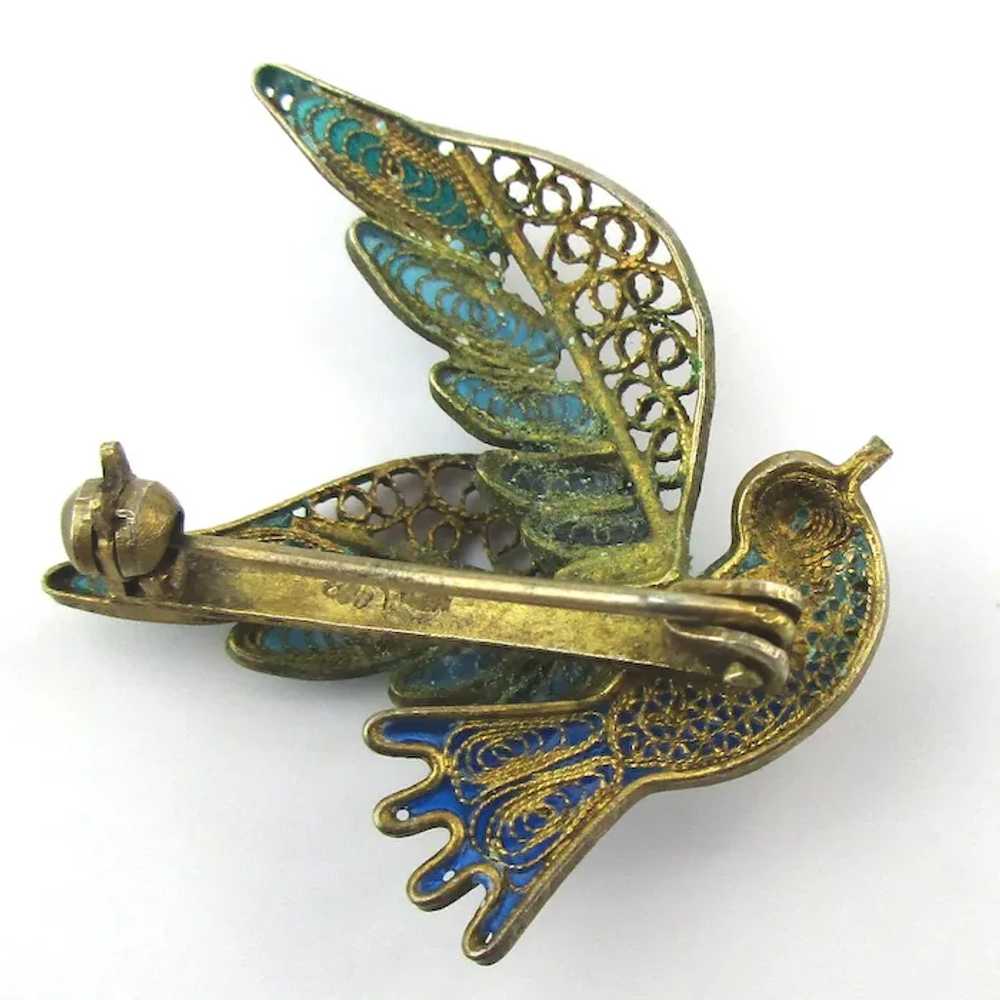 800 Silver Filigree 1920s Enamel Bird Pin Brooch … - image 3