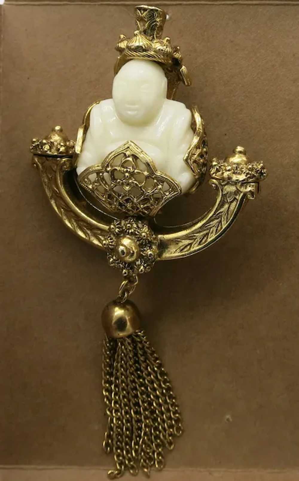 Amazing Figural Buddha Tassel Brooch White Lucite… - image 3