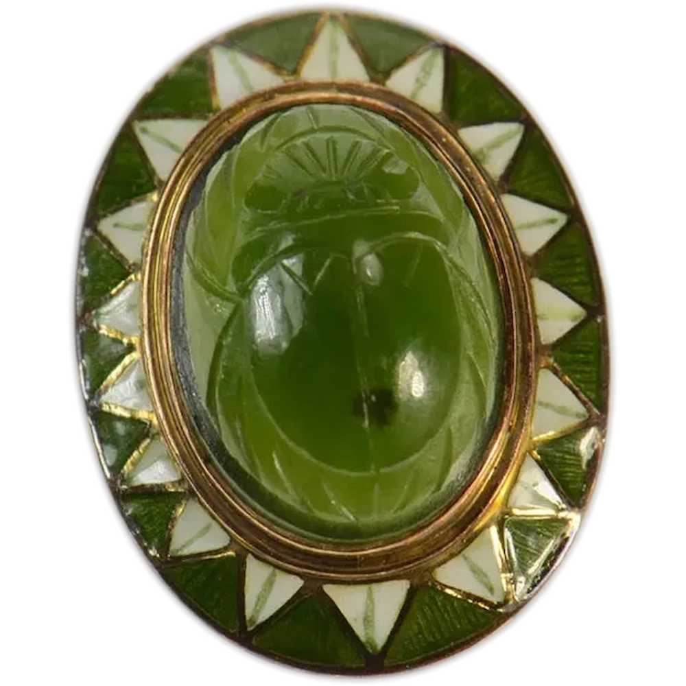 14K Ornate Green Agate Scarab Enamel Detail Charm… - image 1