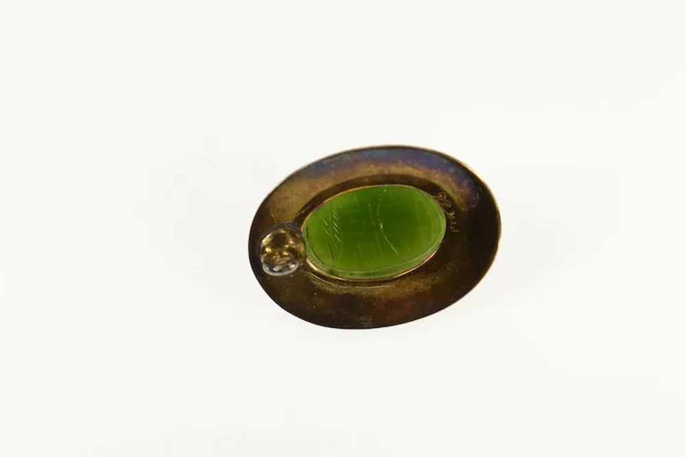 14K Ornate Green Agate Scarab Enamel Detail Charm… - image 2