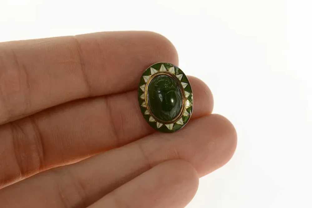 14K Ornate Green Agate Scarab Enamel Detail Charm… - image 5