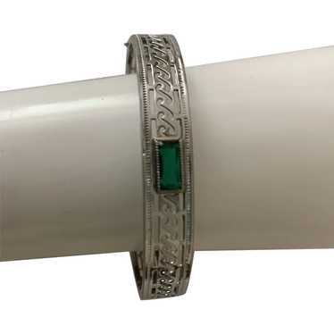 Lovely Art Deco Filigree Bracelet Green Rhinestone - image 1