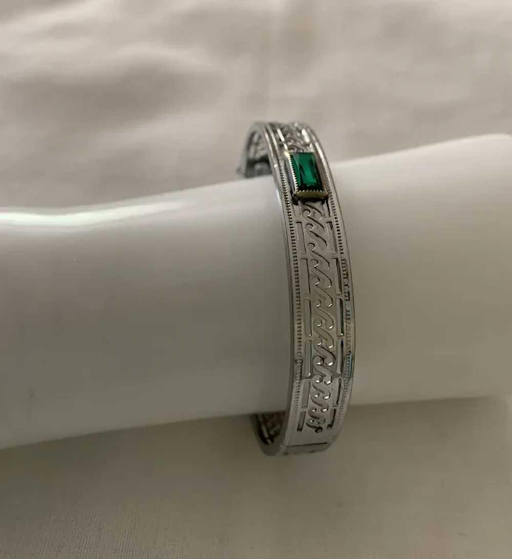 Lovely Art Deco Filigree Bracelet Green Rhinestone - image 3