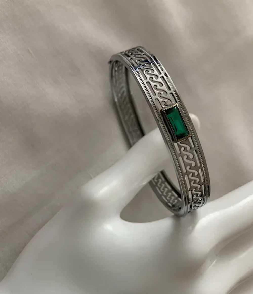 Lovely Art Deco Filigree Bracelet Green Rhinestone - image 4
