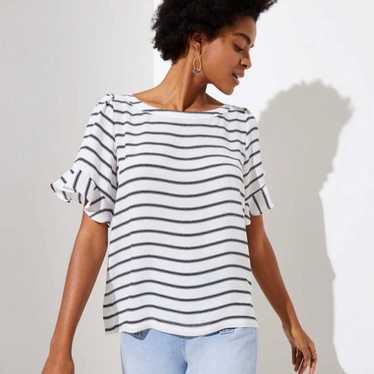 Loft LOFT White and Navy Striped Flutter Sleeve B… - image 1