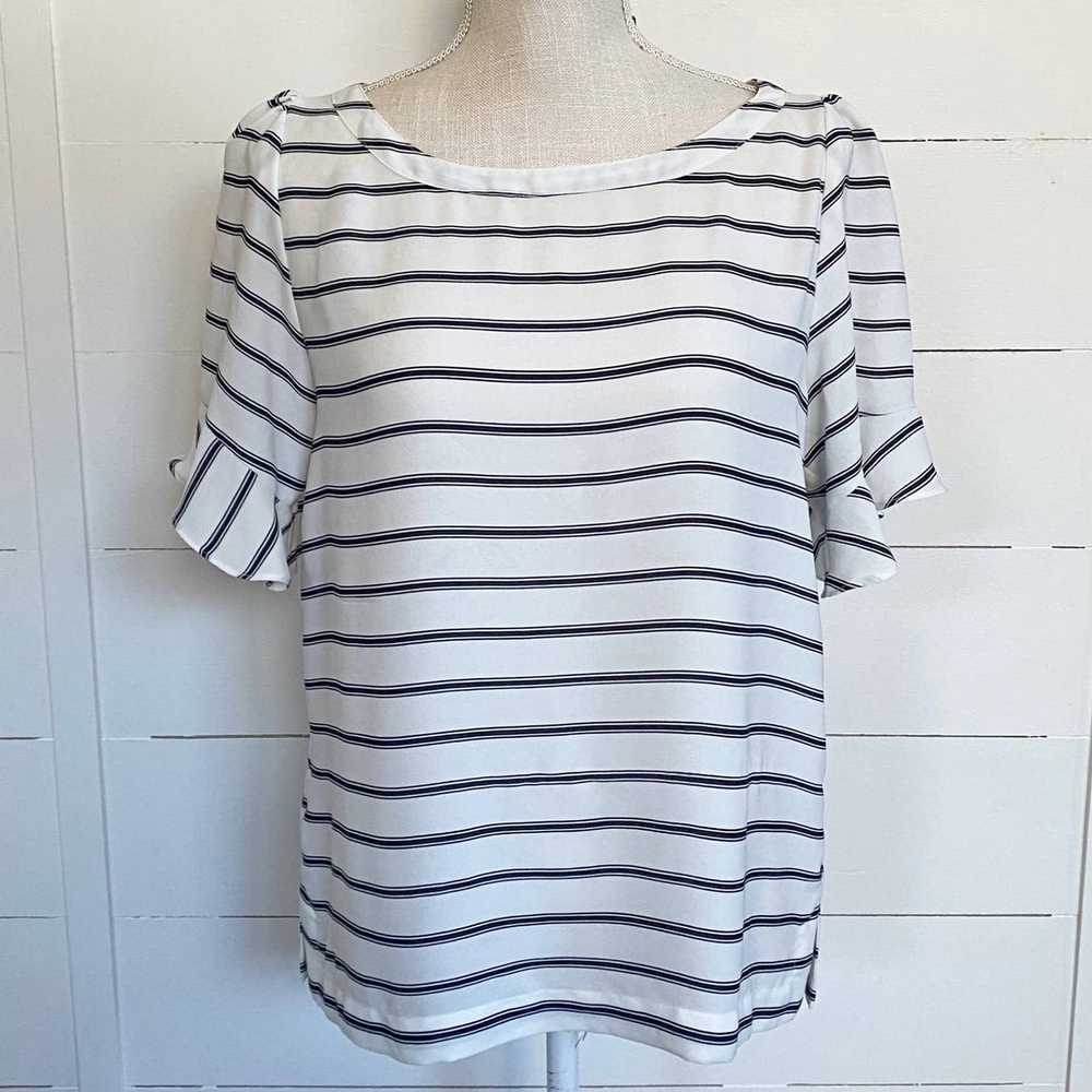 Loft LOFT White and Navy Striped Flutter Sleeve B… - image 2