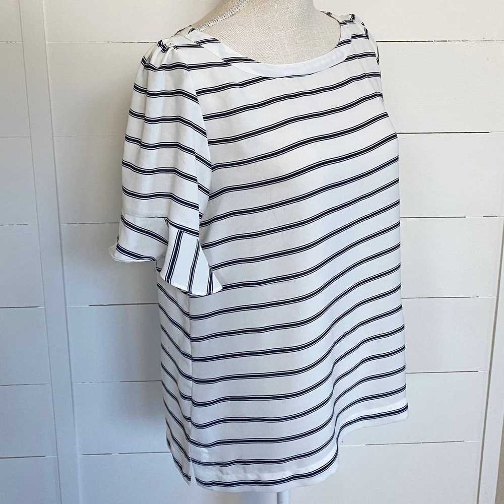 Loft LOFT White and Navy Striped Flutter Sleeve B… - image 3