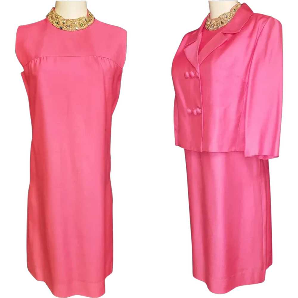 Pretty-in-Pink Bejeweled 1960's Dress & Jacket En… - image 1