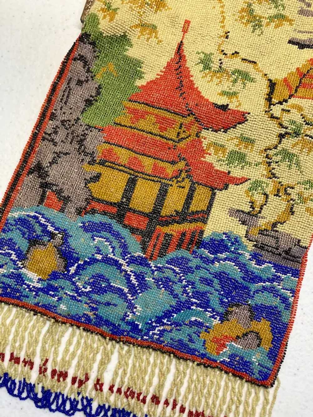 Lovely Antique Scenic Glass Beaded Purse Pagoda F… - image 12
