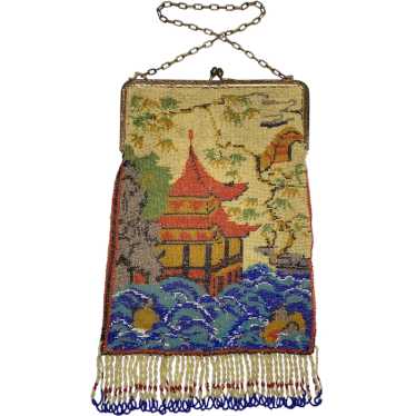Lovely Antique Scenic Glass Beaded Purse Pagoda F… - image 1
