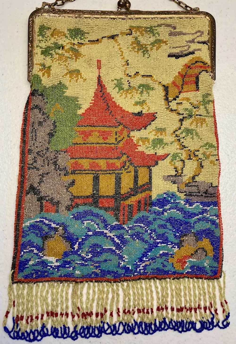 Lovely Antique Scenic Glass Beaded Purse Pagoda F… - image 2