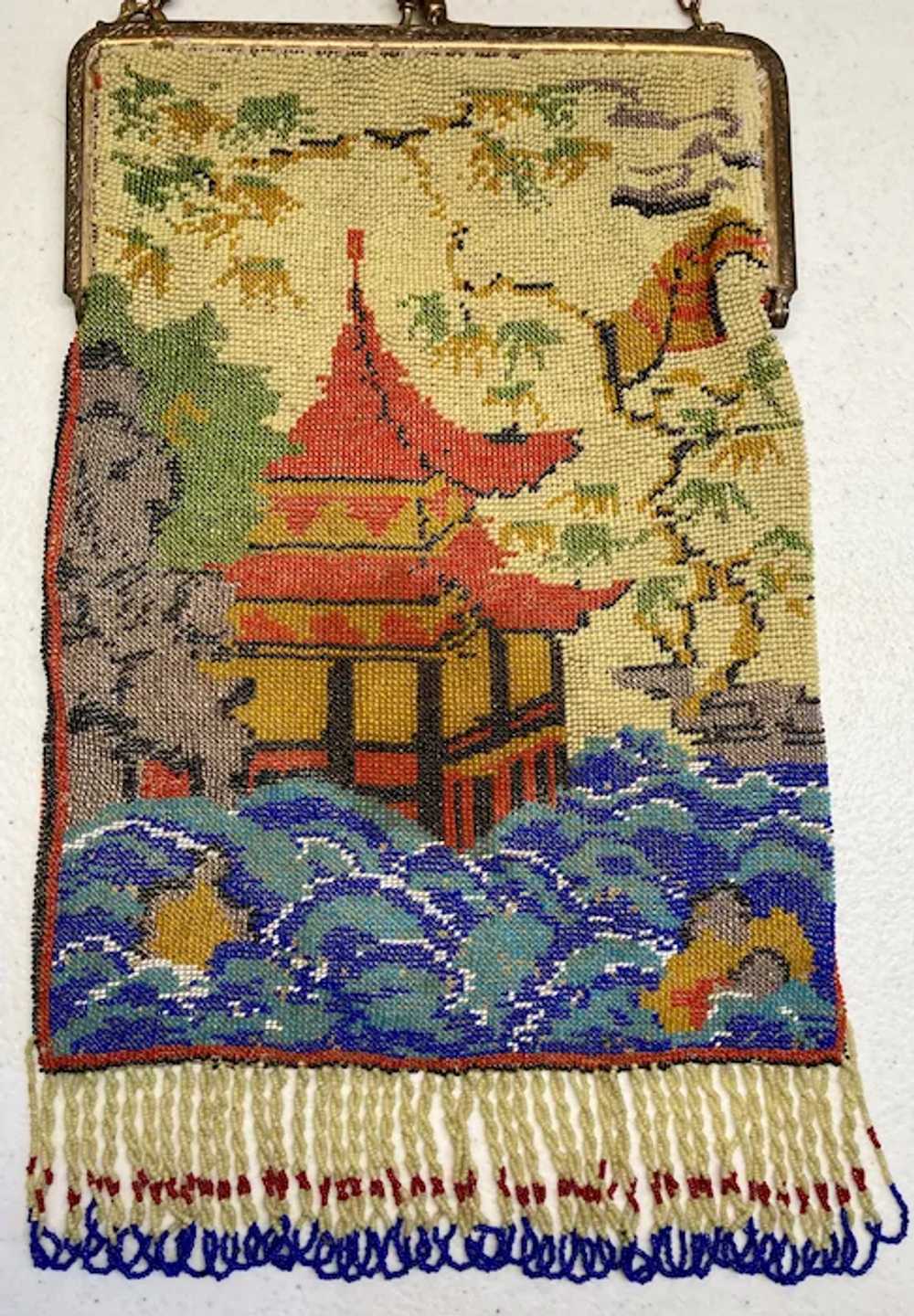 Lovely Antique Scenic Glass Beaded Purse Pagoda F… - image 3