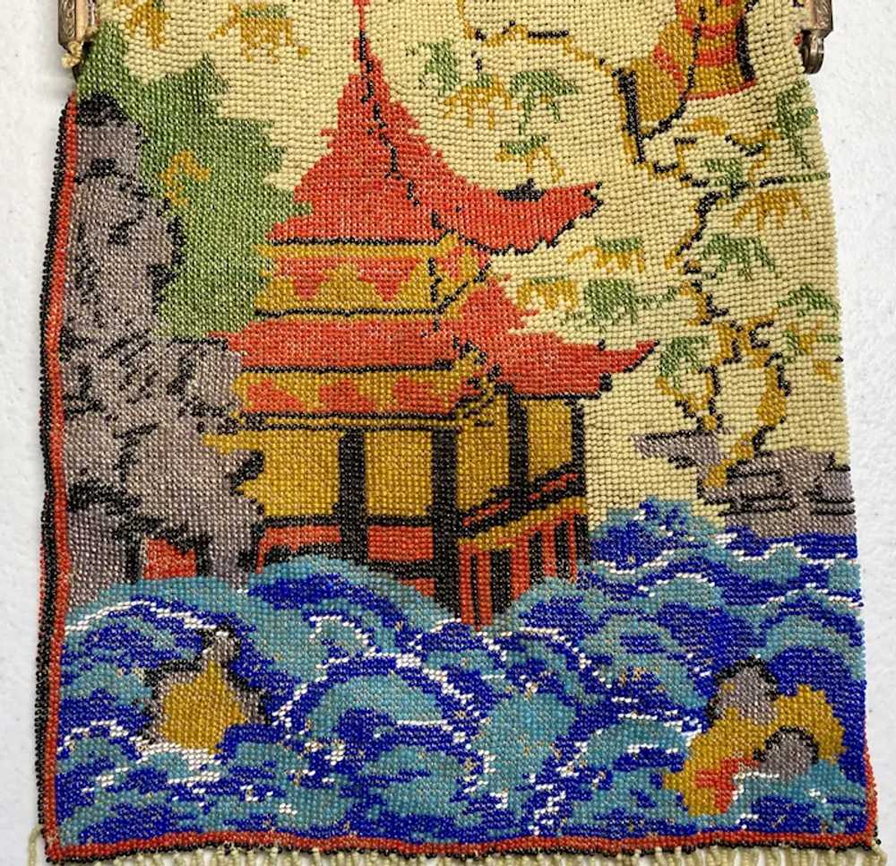 Lovely Antique Scenic Glass Beaded Purse Pagoda F… - image 9