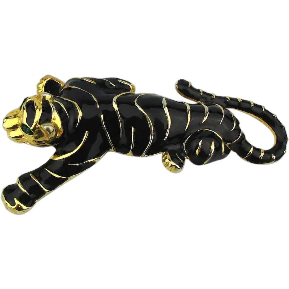 Large Black Enamel Wild Cat Pin Gold Striped - St… - image 1