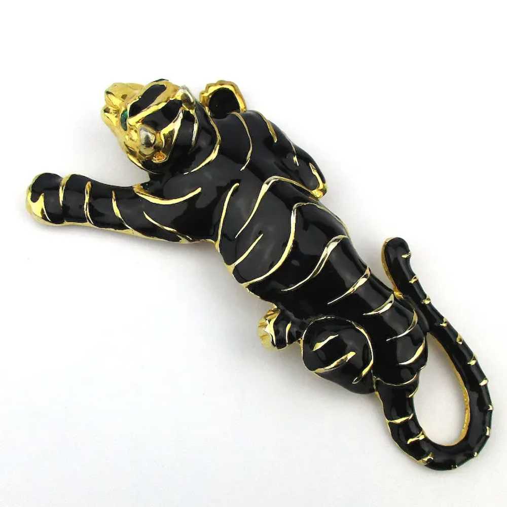 Large Black Enamel Wild Cat Pin Gold Striped - St… - image 2