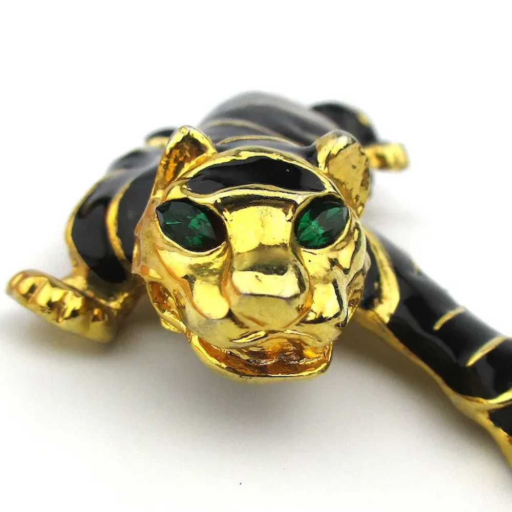 Large Black Enamel Wild Cat Pin Gold Striped - St… - image 3