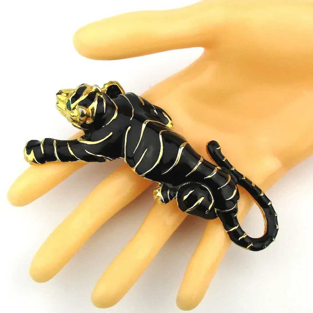 Large Black Enamel Wild Cat Pin Gold Striped - St… - image 4