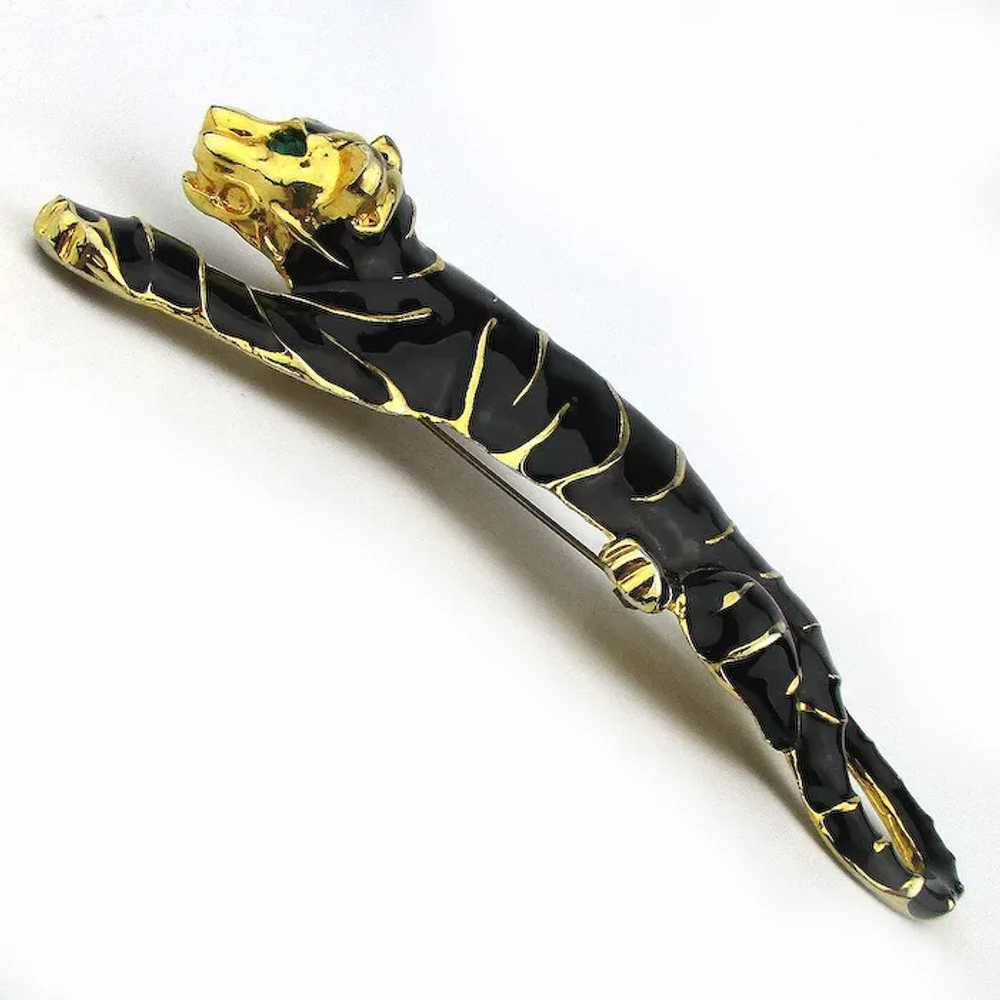 Large Black Enamel Wild Cat Pin Gold Striped - St… - image 5