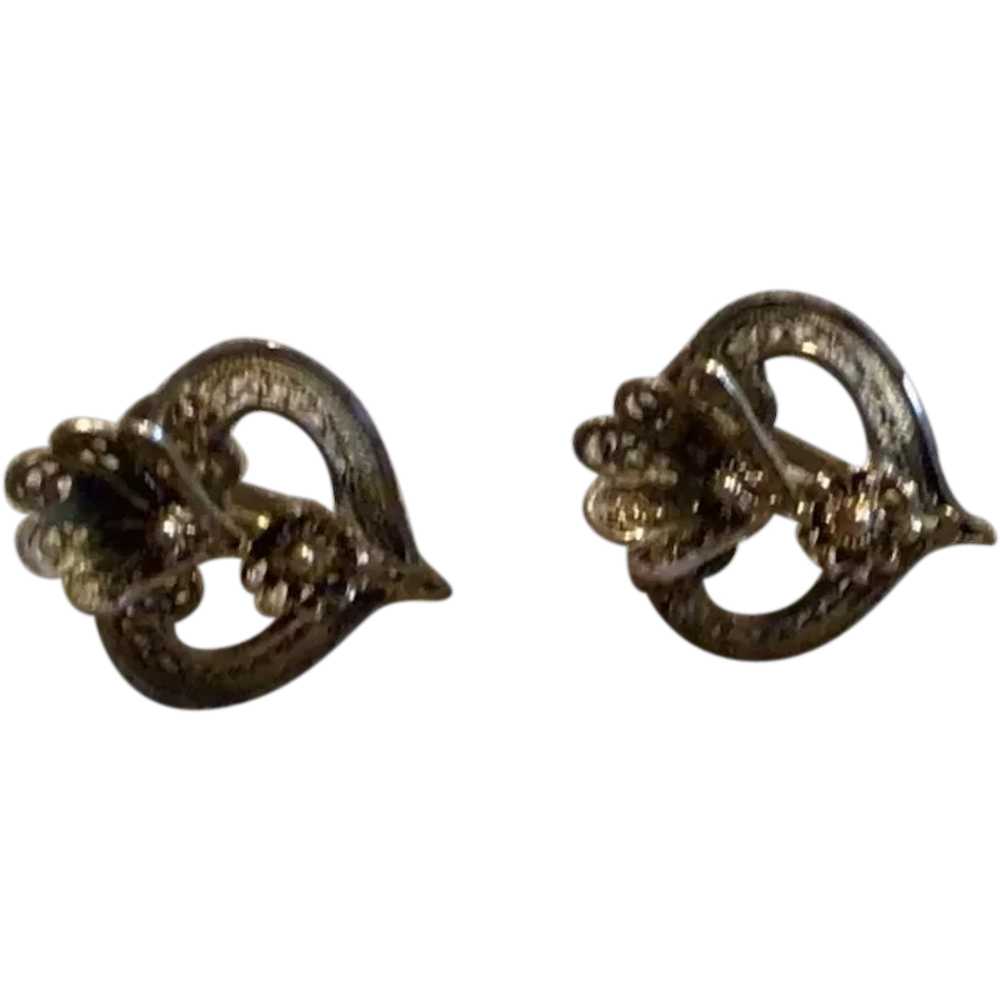 Gold Tone Floral Heart Shaped Screw Back Earrings - image 1